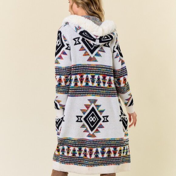 new ON BLUE CARDIGAN SWEATER fur hood western bohemian AZTEC YELLOWSTONE SM-LG - Picture 5 of 9